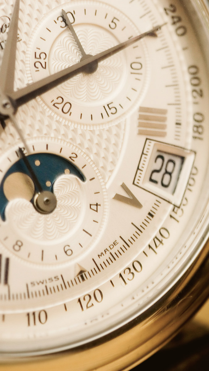 Close-up of a luxury Swiss watch face