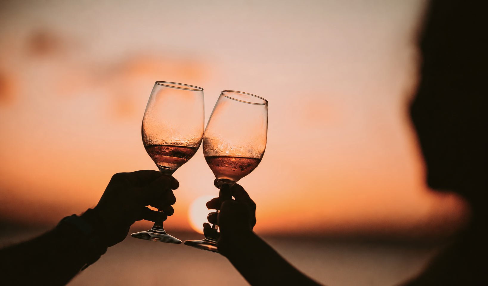 Two people toast with wine at sunset